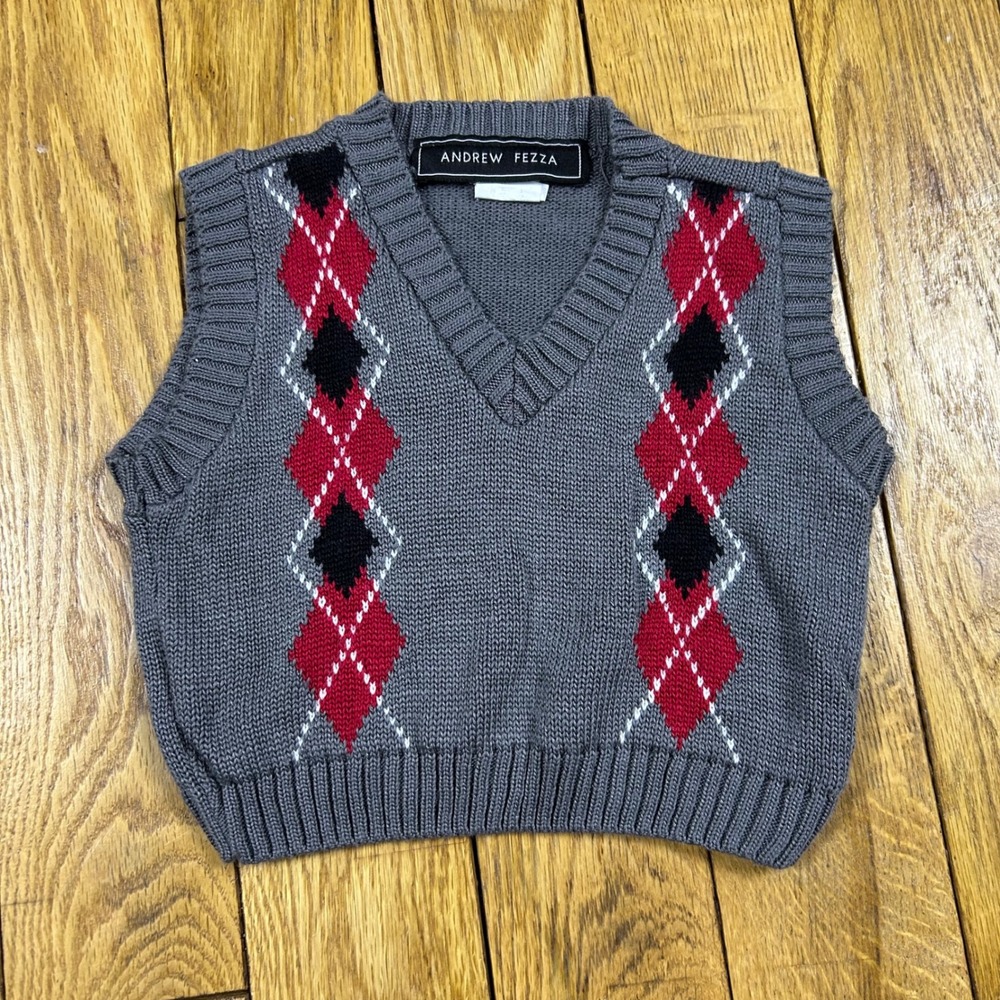 Andrew Fezza‎ Boys Argyle V Neck Sweater Vest Gray Red Black White